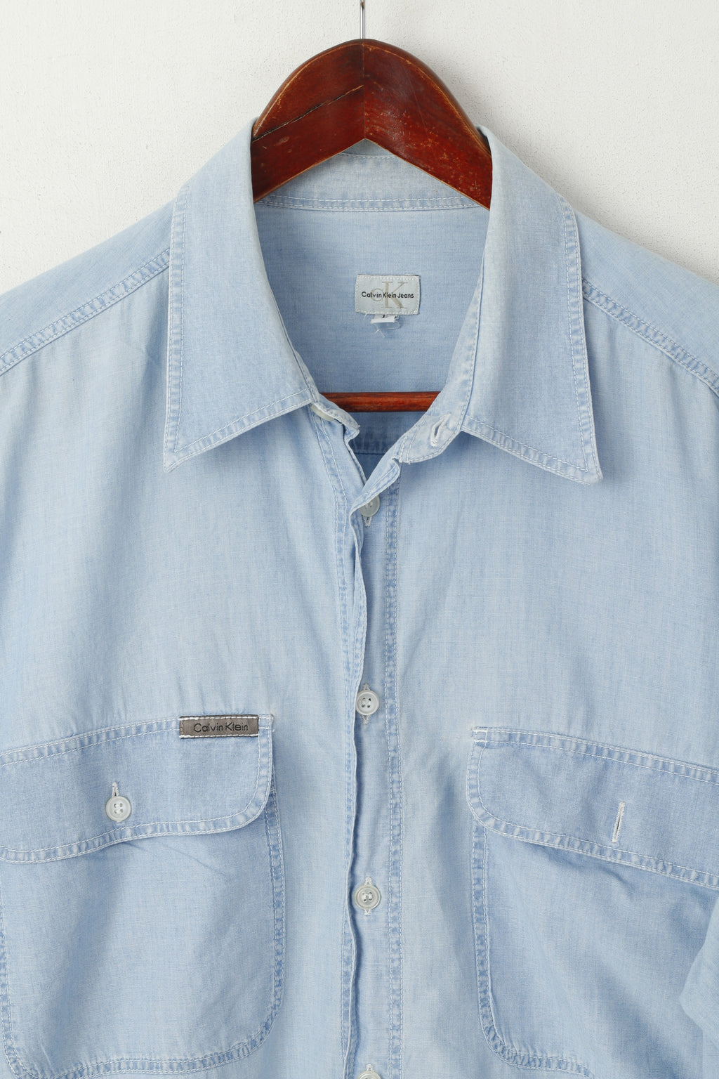 Calvin Klein Jeans Uomo L Camicia casual Top a maniche lunghe in morbido cotone azzurro