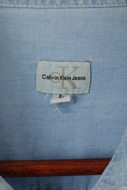 Calvin Klein Jeans Men L Casual Shirt Light Blue Cotton Soft Long Sleeve Top