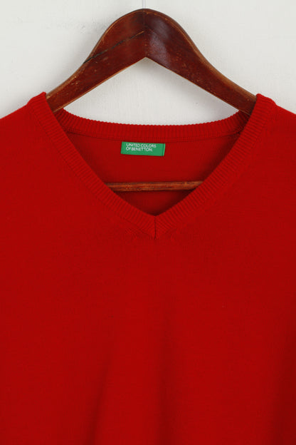 United Colors of Benetton Men M Jumper Red Cotton V Neck Classic Sweater
