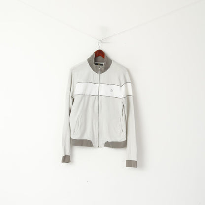 Penguin Men M (S) Sweatshirt Grey Cotton Full Zipper Herringbone Casual Top