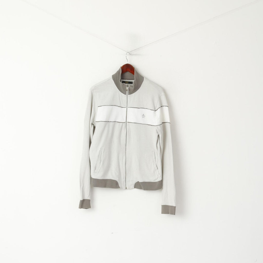 Penguin Hommes M (S) Sweat Gris Coton Fermeture Éclair Complète Chevrons Haut Décontracté