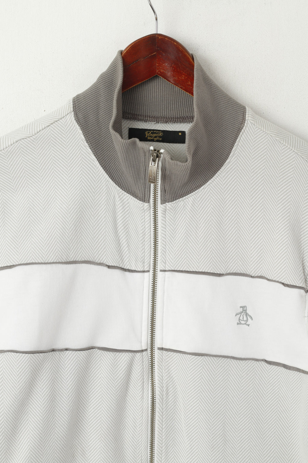 Penguin Hommes M (S) Sweat Gris Coton Fermeture Éclair Complète Chevrons Haut Décontracté