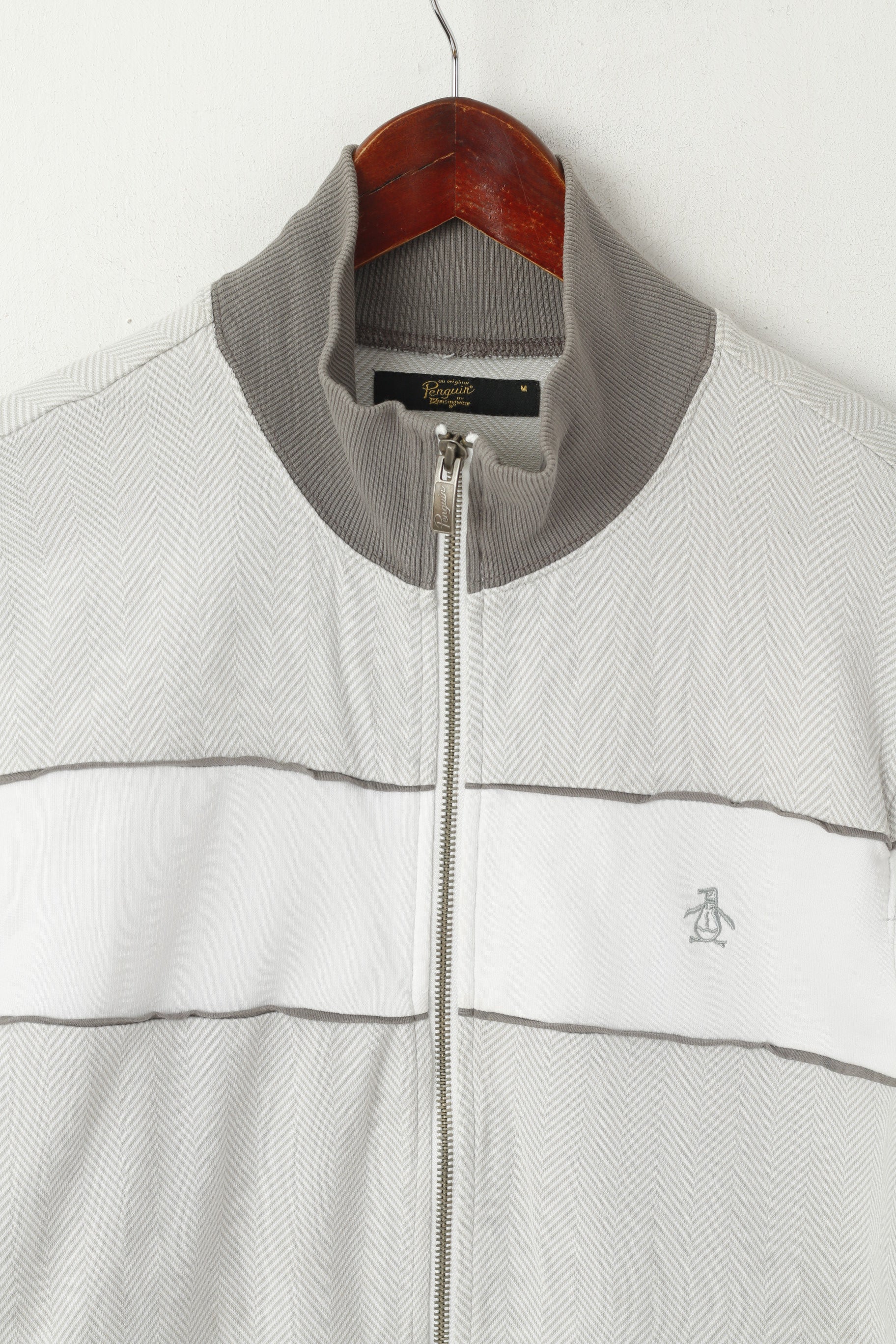 Penguin Hommes M (S) Sweat Gris Coton Fermeture Éclair Complète Chevrons Haut Décontracté