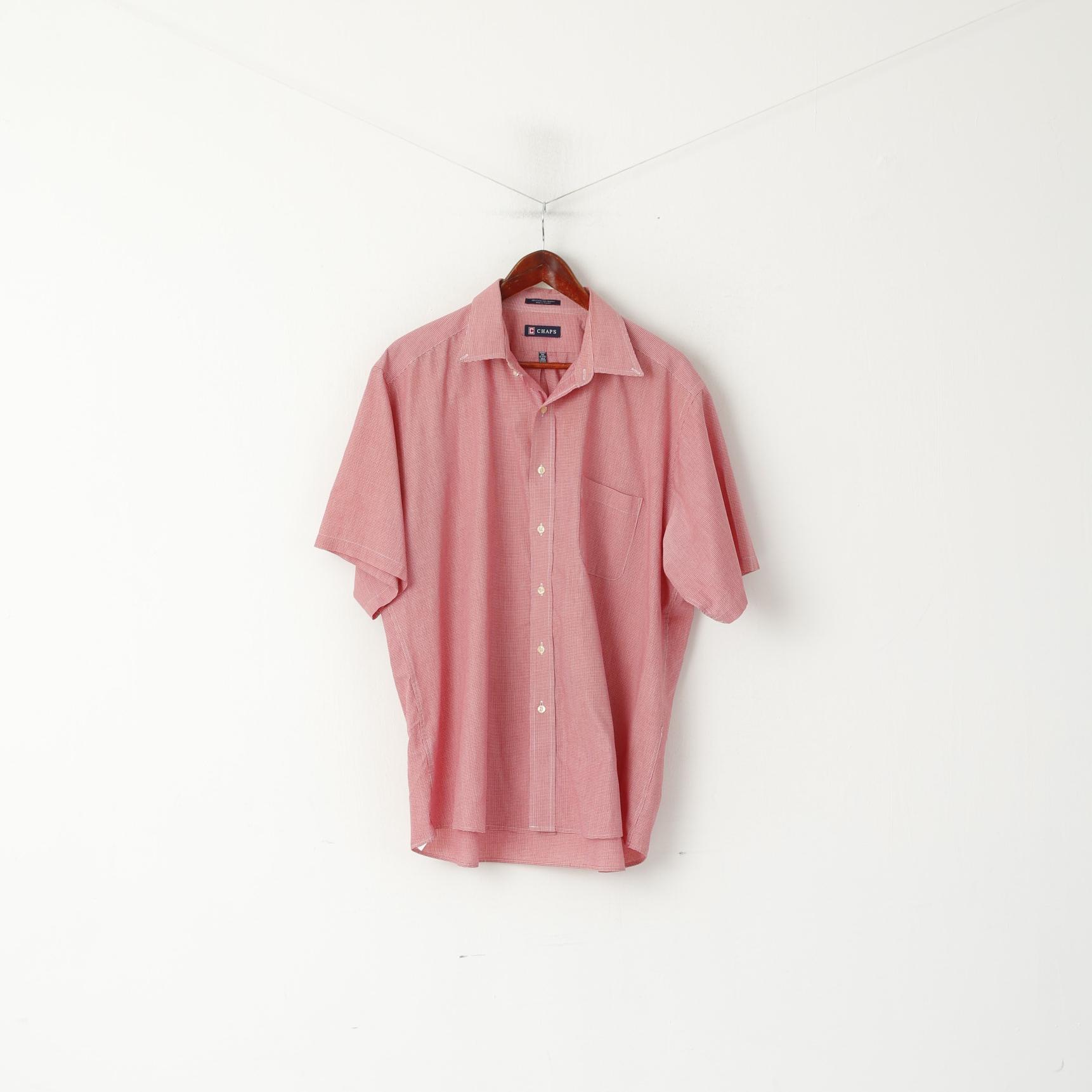 Camicia casual da uomo XL Chaps Top a maniche corte con colletto in giù in cotone a mini quadri rossi