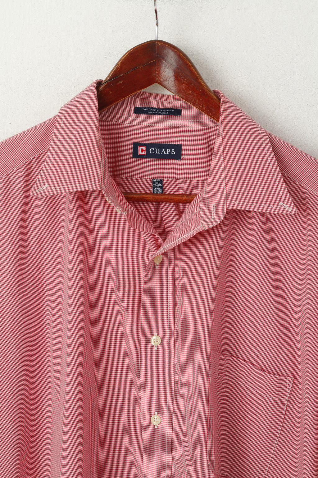 Camicia casual da uomo XL Chaps Top a maniche corte con colletto in giù in cotone a mini quadri rossi