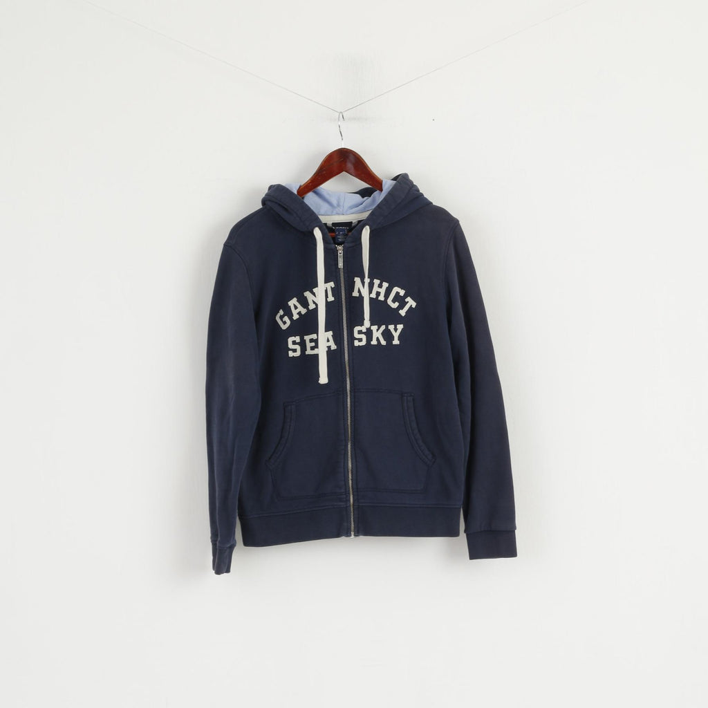 GANT Women L Sweatshirt Navy Cotton Hooded Full Zipper Embroidered Top