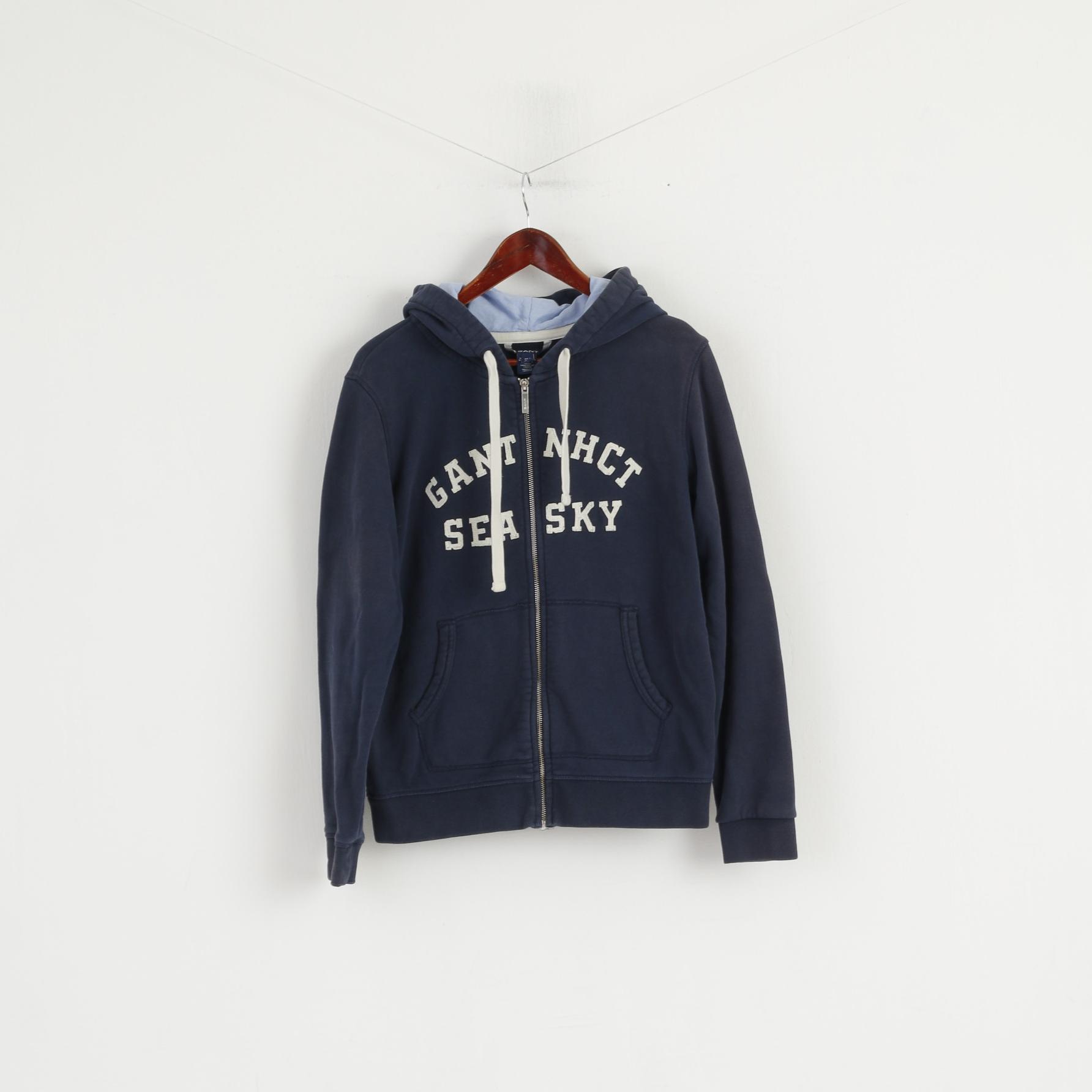 GANT Women L Sweatshirt Navy Cotton Hooded Full Zipper Embroidered Top