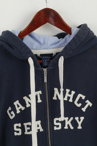 GANT Women L Sweatshirt Navy Cotton Hooded Full Zipper Embroidered Top
