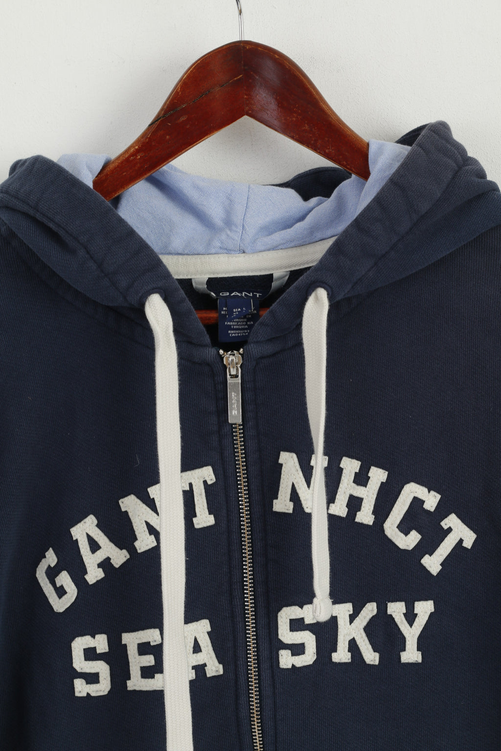 GANT Women L Sweatshirt Navy Cotton Hooded Full Zipper Embroidered Top