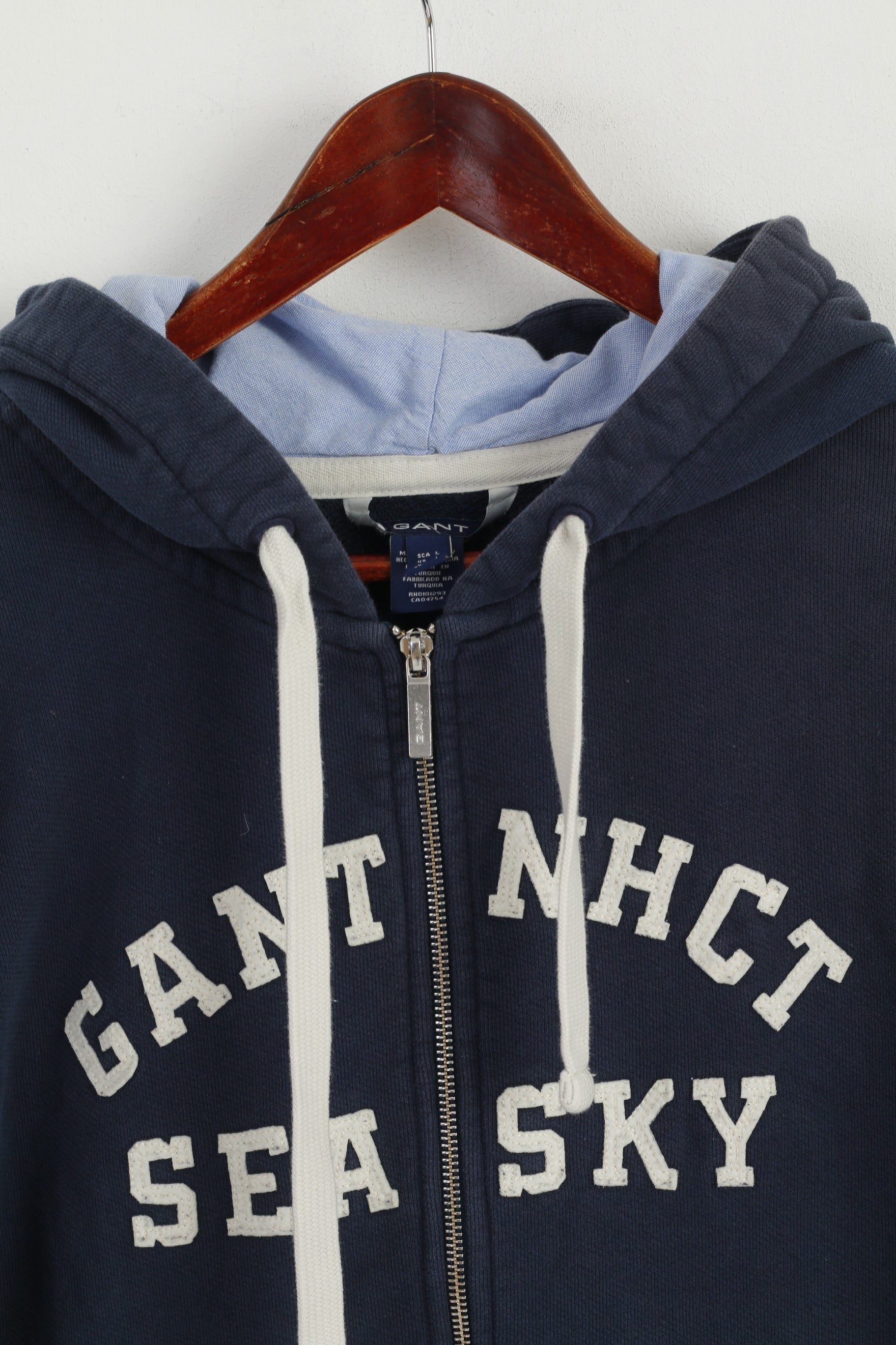 GANT Women L Sweatshirt Navy Cotton Hooded Full Zipper Embroidered Top