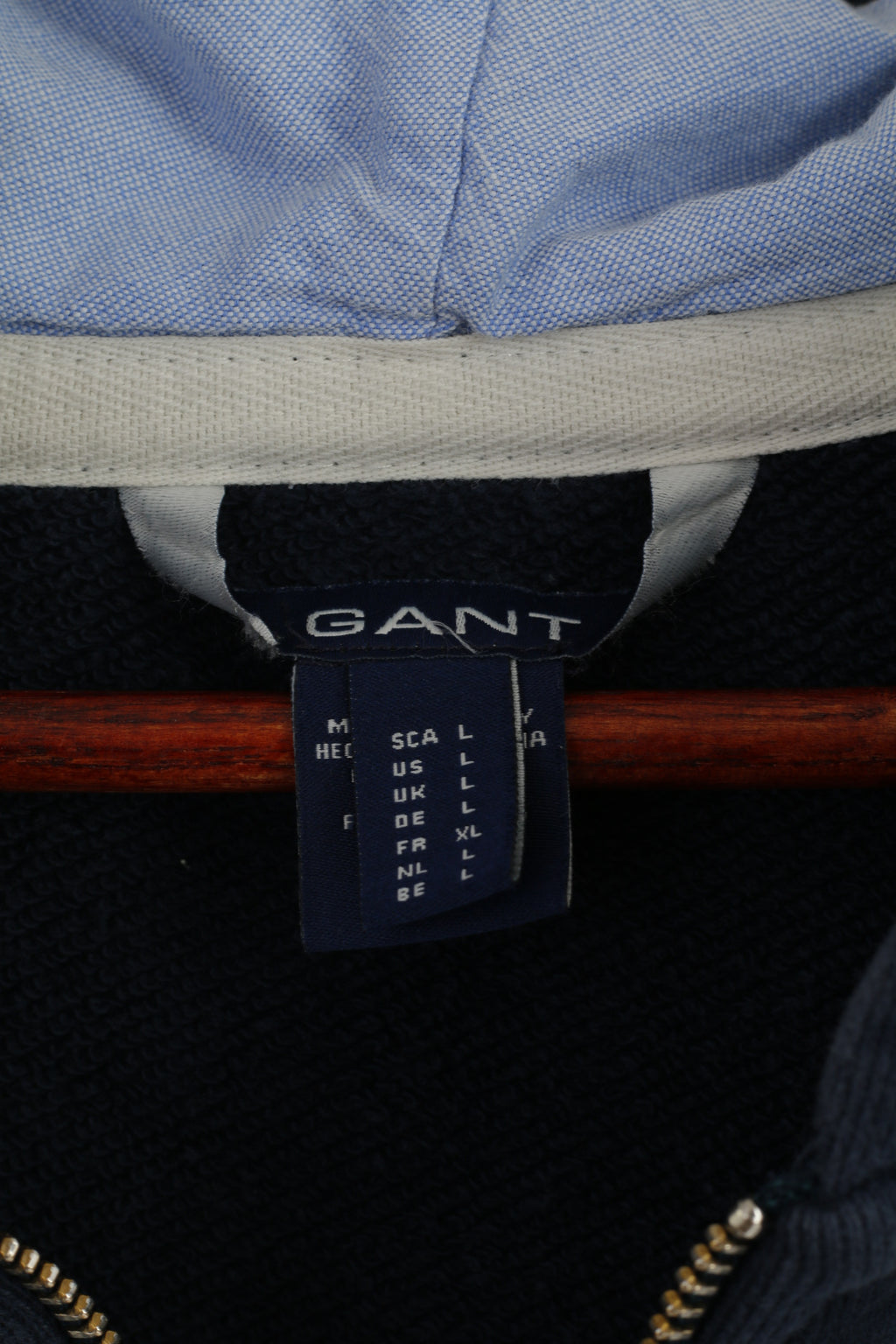 GANT Women L Sweatshirt Navy Cotton Hooded Full Zipper Embroidered Top