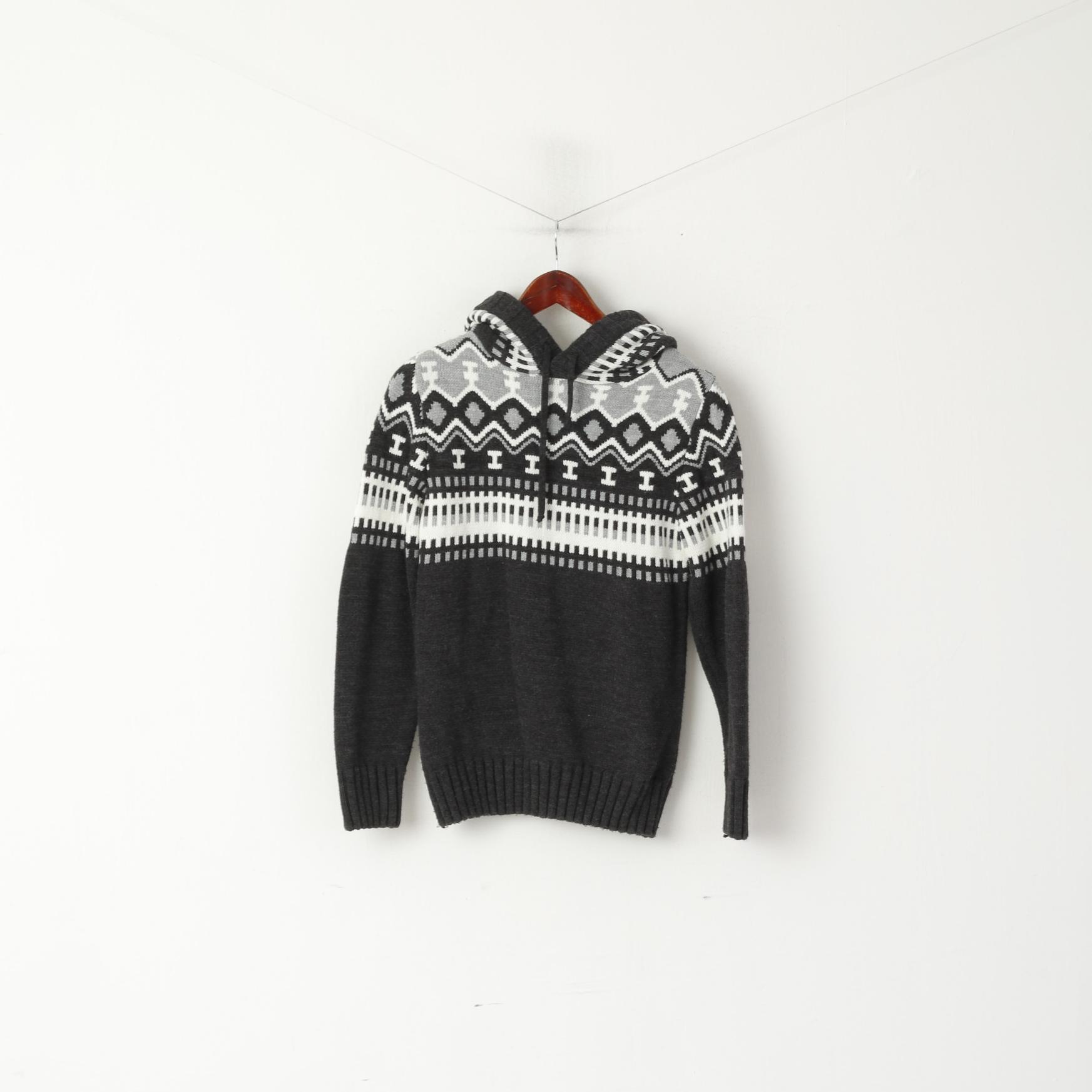 Bigoss Femme M Pull Gris Laine Mélangée À Capuche Imprimé Nordique Pull