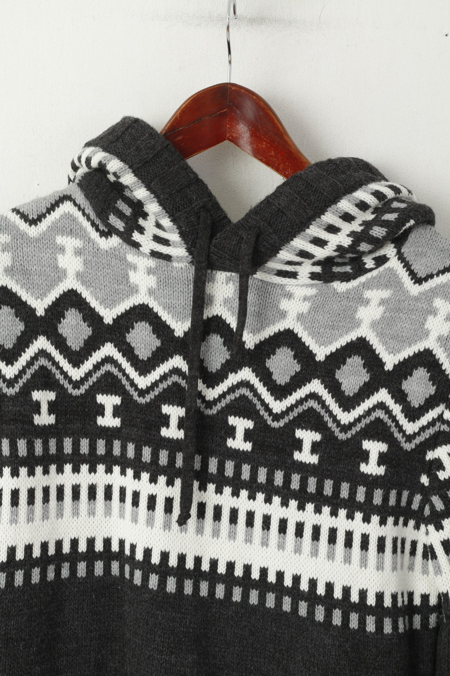Bigoss Women M Jumper Grey Wool Blend Hooded Nordic Print Sweater