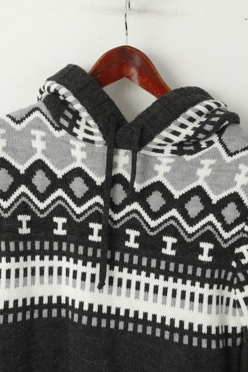 Bigoss Femme M Pull Gris Laine Mélangée À Capuche Imprimé Nordique Pull