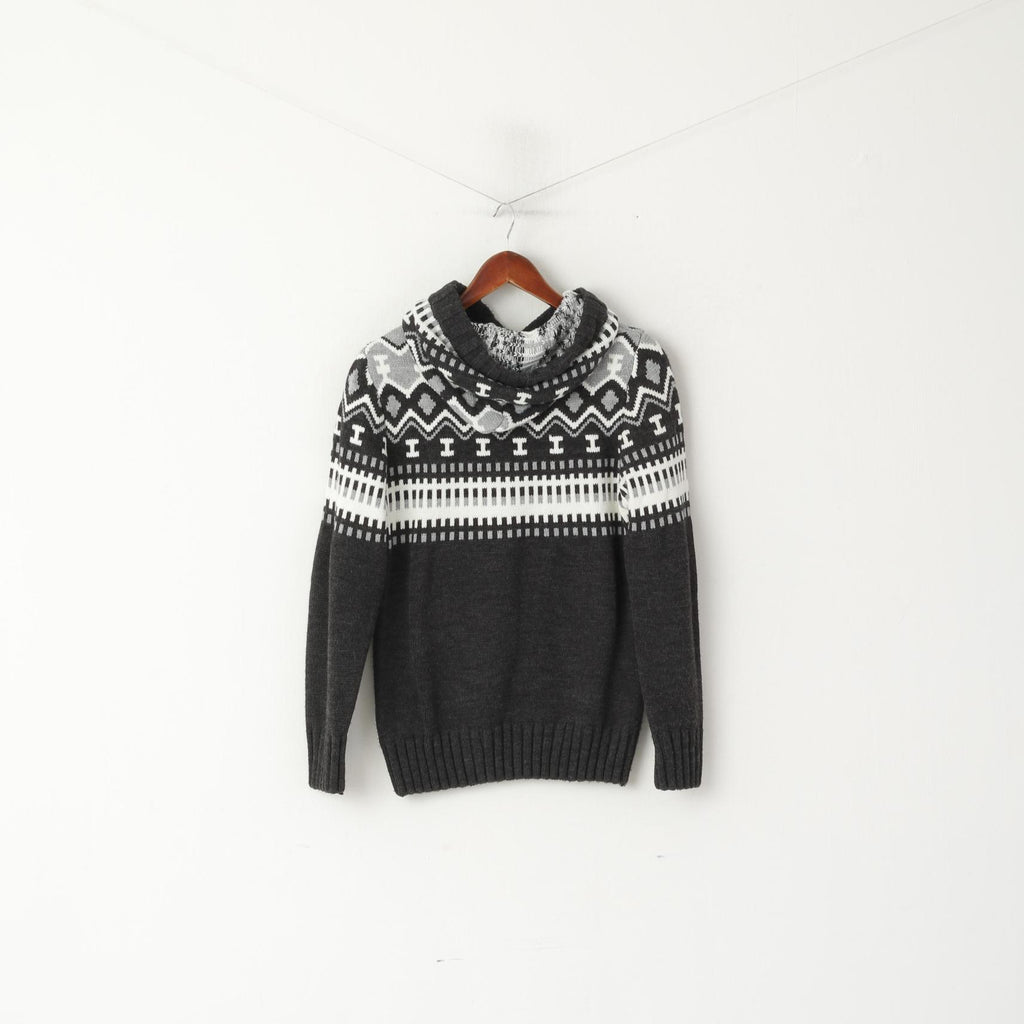 Bigoss Women M Jumper Grey Wool Blend Hooded Nordic Print Sweater