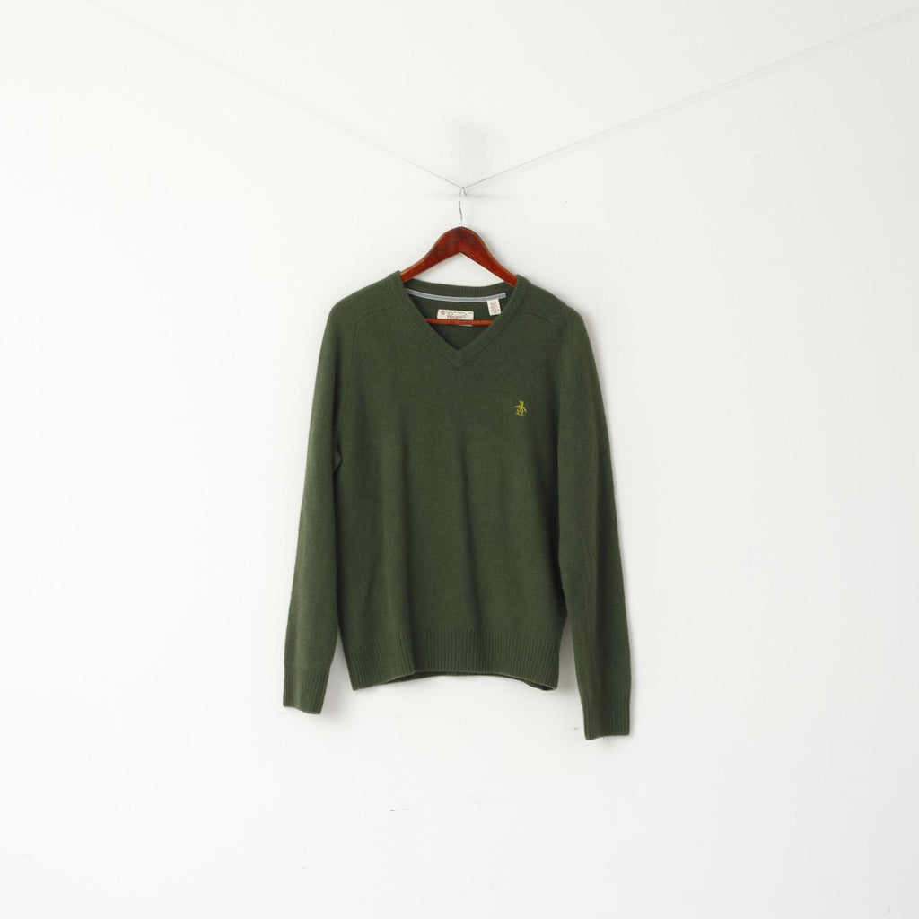 Original Penguin Mens 2XL (M) Jumper Green V Neck Sweater 100% Wool Top