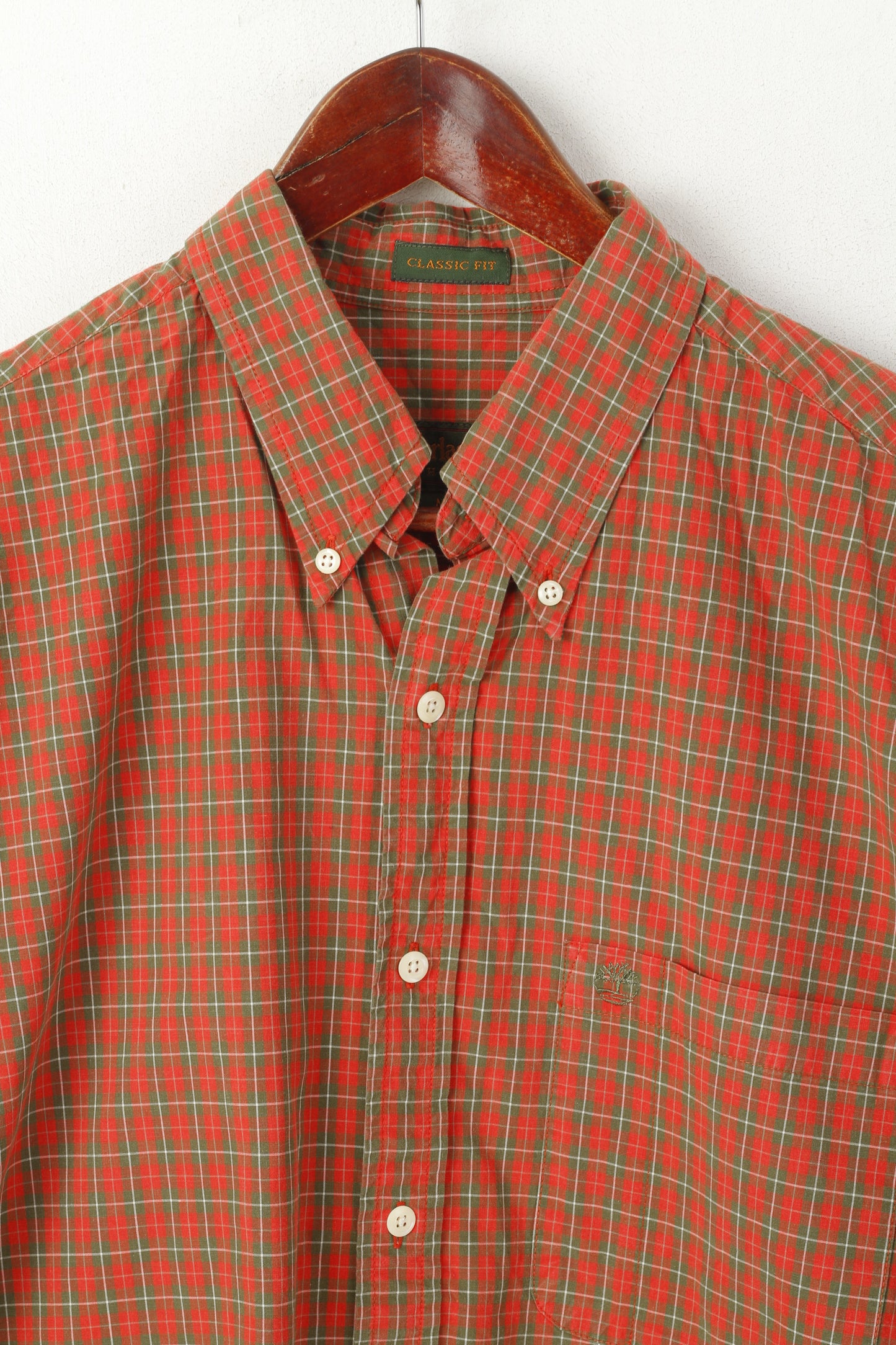 Timberland Men M (L) Casual Shirt Red Cotton Checkered Weatherwear Classic Fit Top