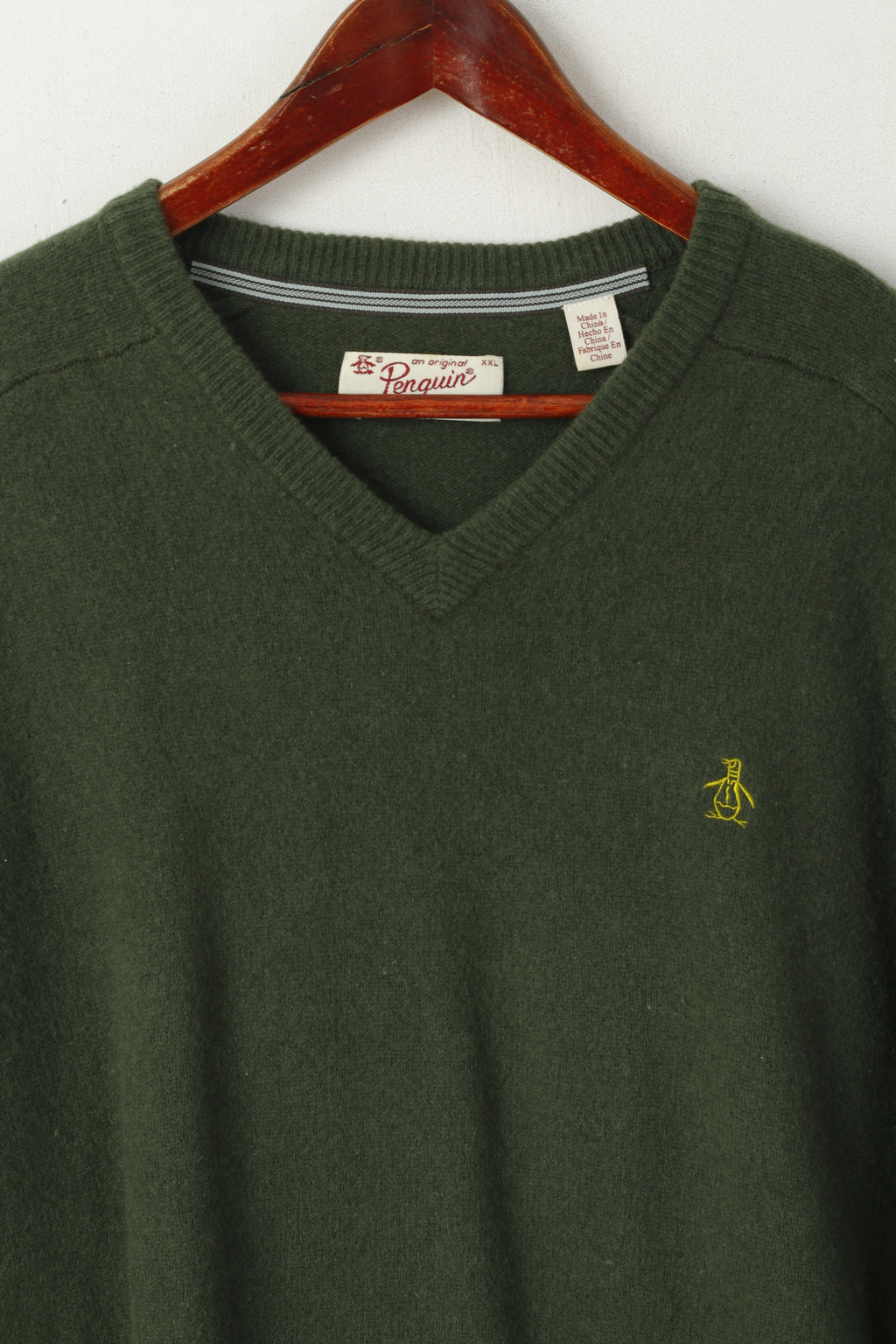 Original Penguin Mens 2XL (M) Jumper Green V Neck Sweater 100% Wool Top