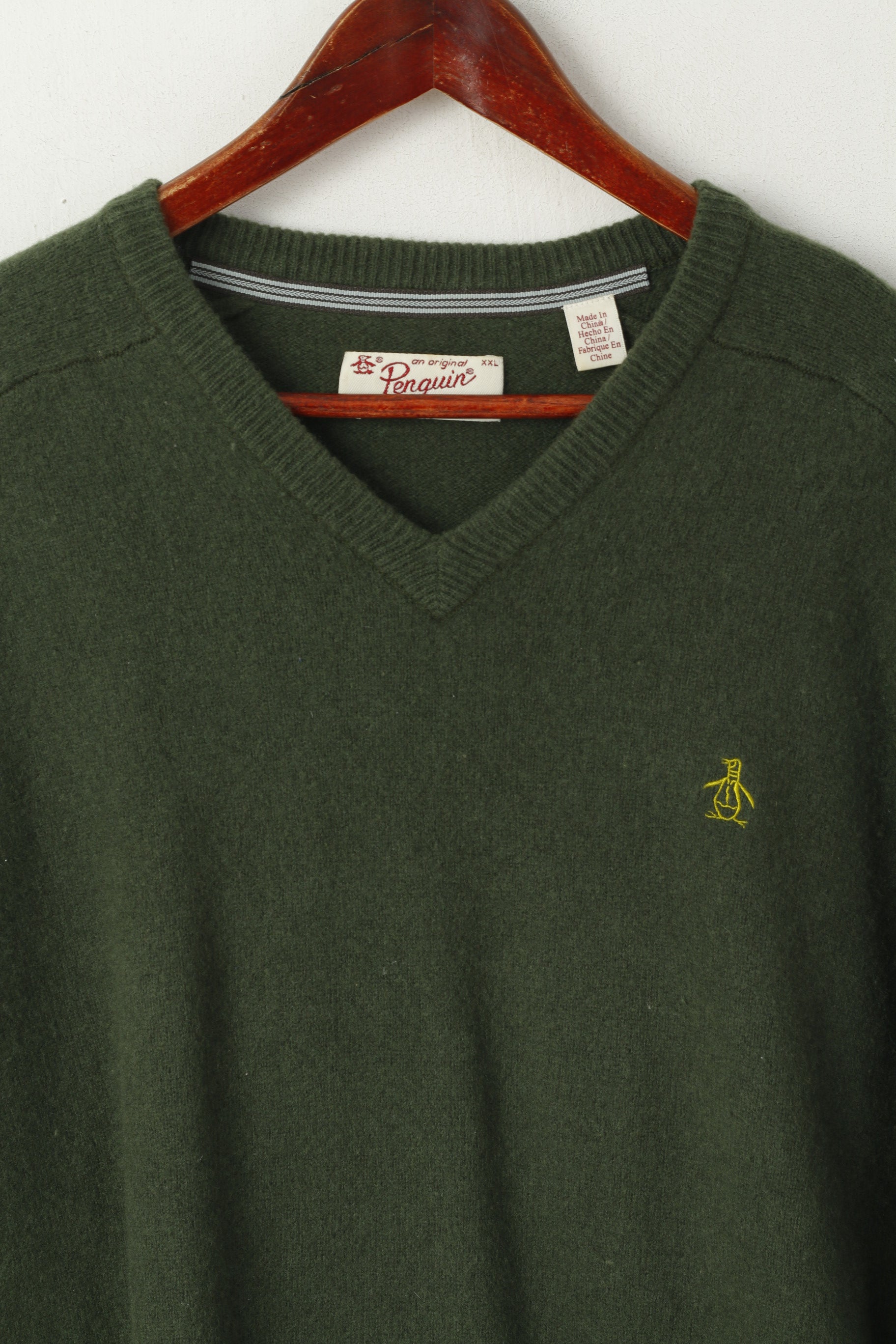 Original Penguin Mens 2XL (M) Jumper Green V Neck Sweater 100% Wool Top
