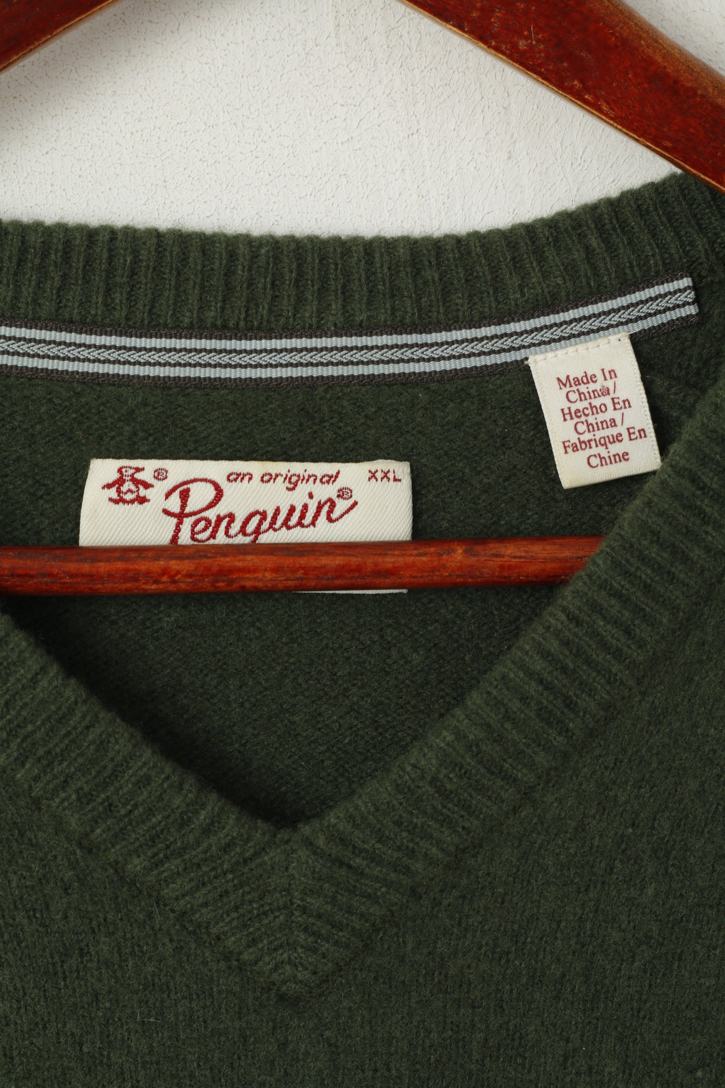 Original Penguin Mens 2XL (M) Jumper Green V Neck Sweater 100% Wool Top