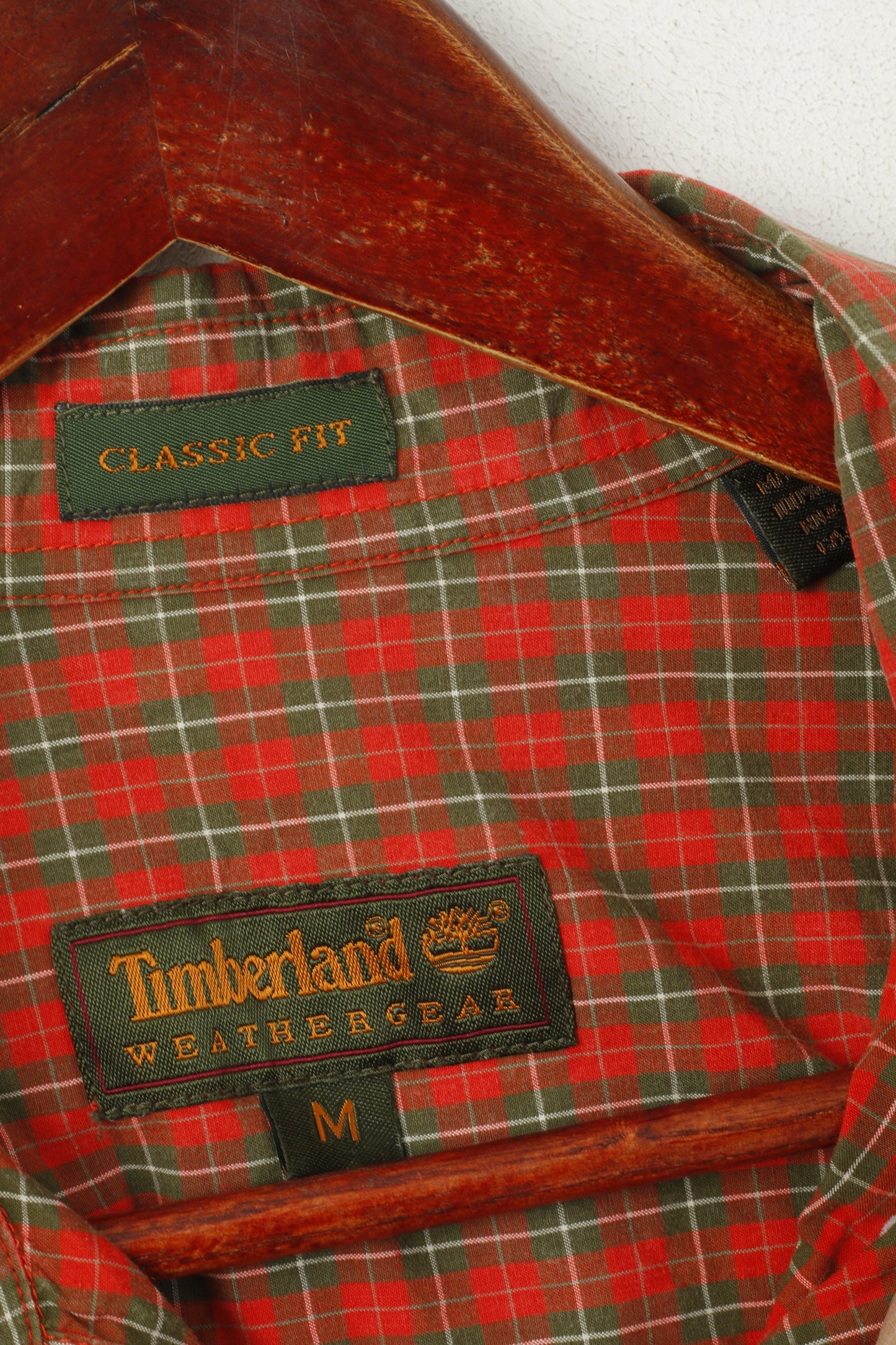 Timberland Men M (L) Casual Shirt Red Cotton Checkered Weatherwear Classic Fit Top
