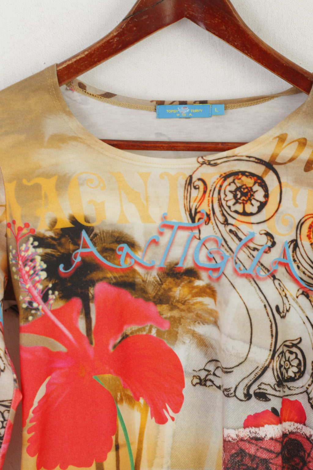 Topsy Turvy USA Women L Shirt Multicoloured Stretch Graphic Long Sleeve Top