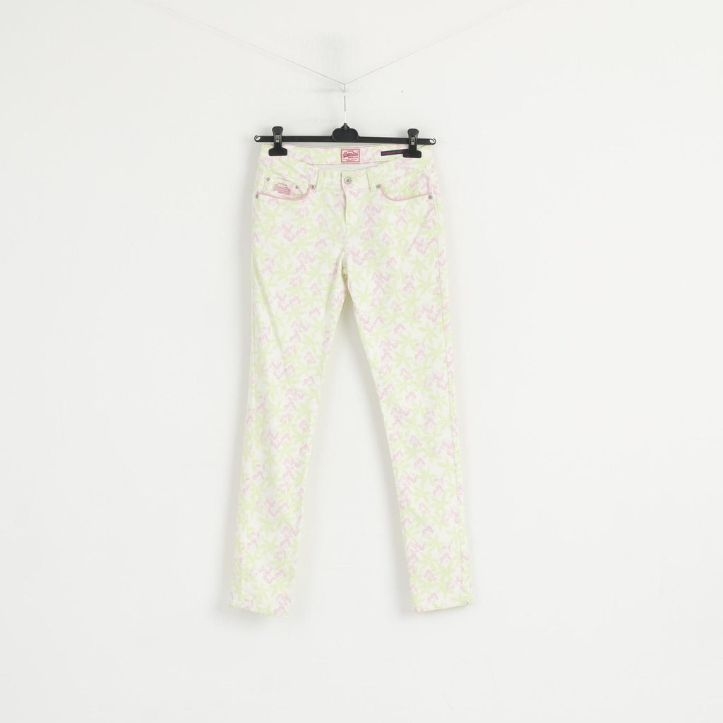 Superdry Women W 29 L 32 Trousers White Neon Floral Standard Skinny Cotton Pants
