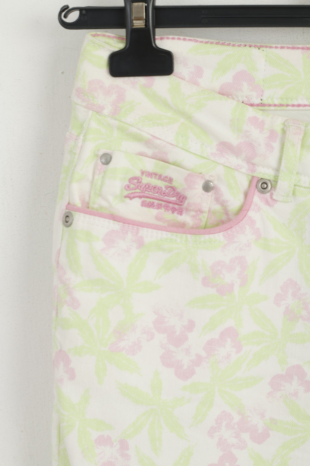 Superdry Women W 29 L 32 Trousers White Neon Floral Standard Skinny Cotton Pants