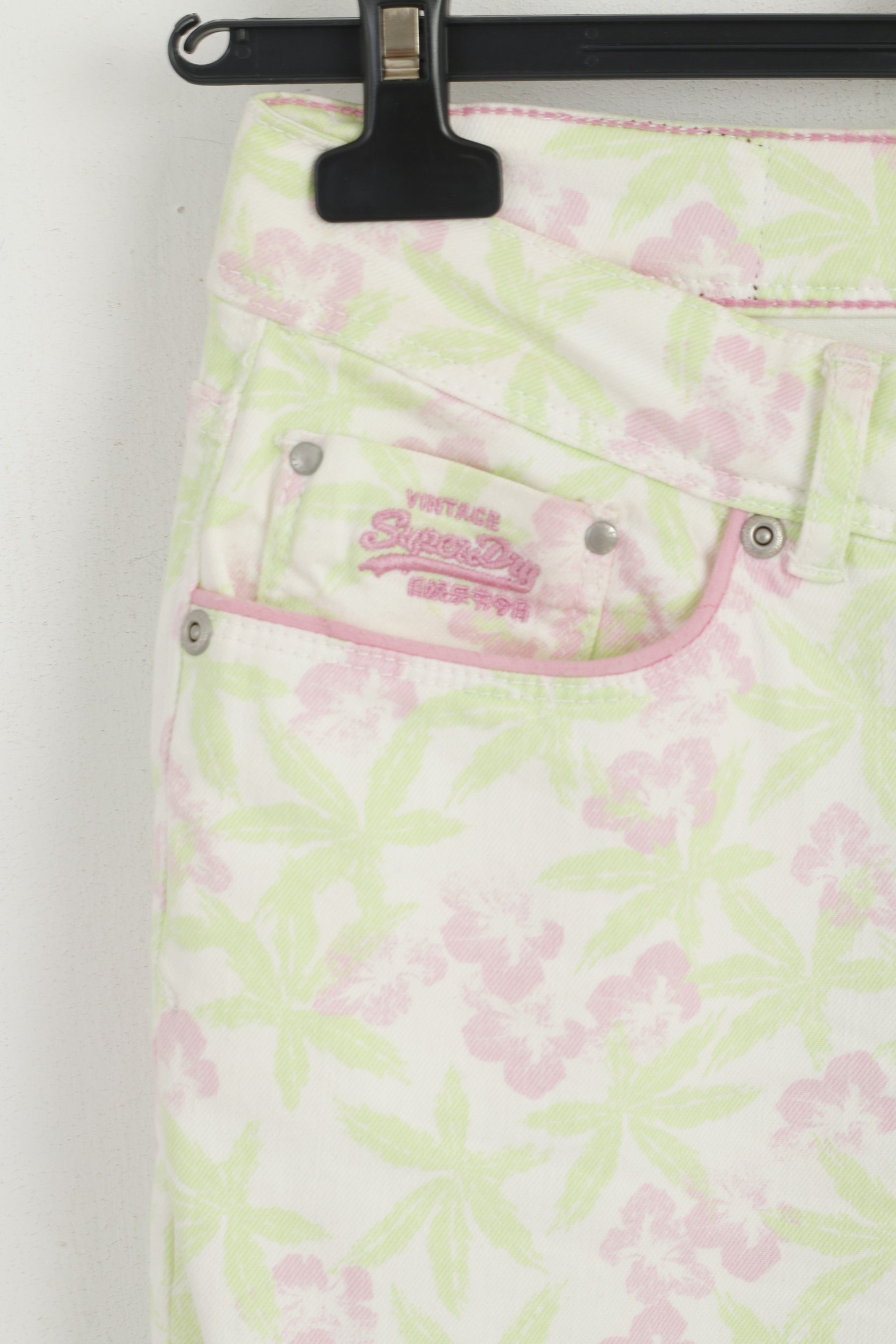 Superdry Women W 29 L 32 Trousers White Neon Floral Standard Skinny Cotton Pants