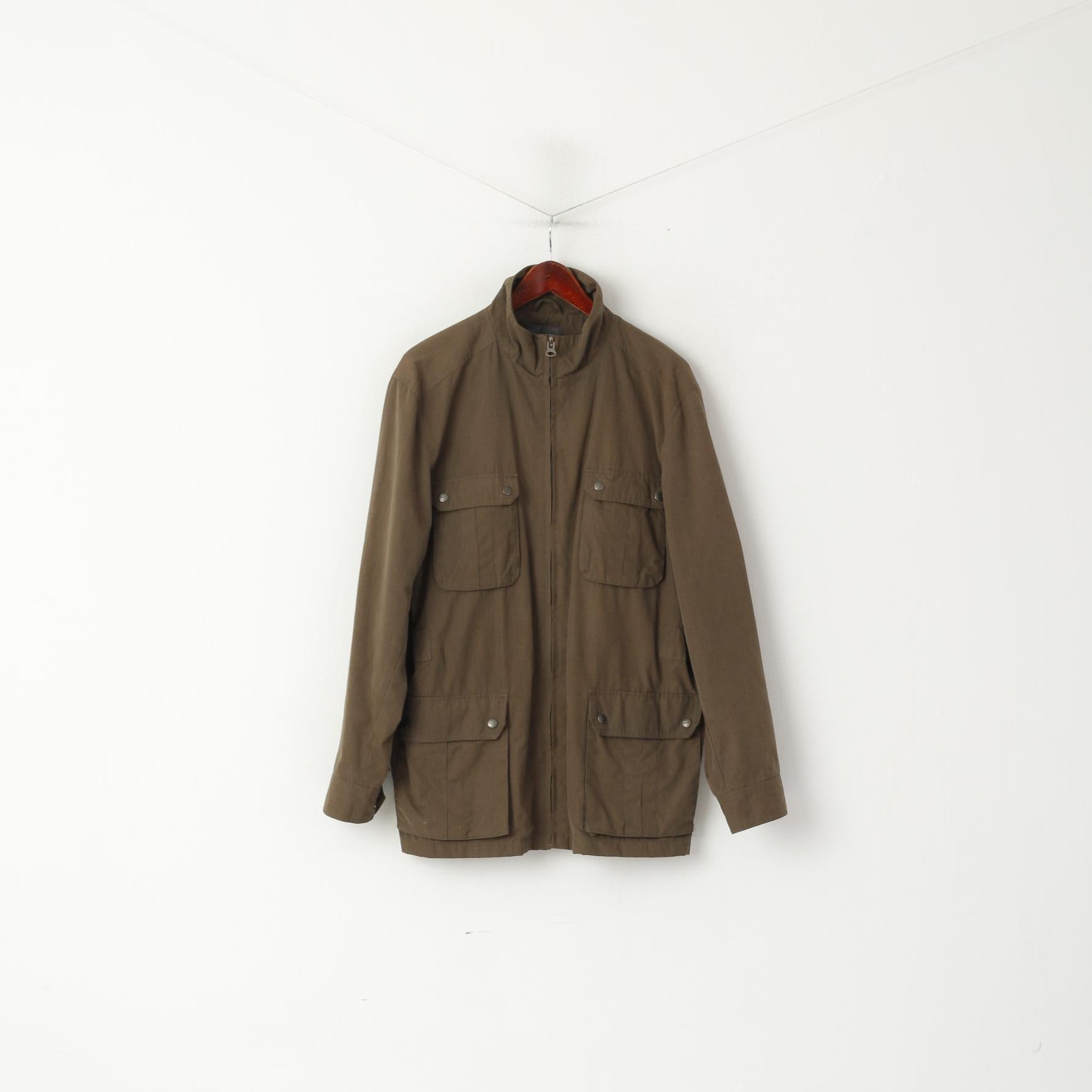 Scott Co. Giacca da uomo L Verde Marrone Cerniera completa Tasche in cotone leggero militare