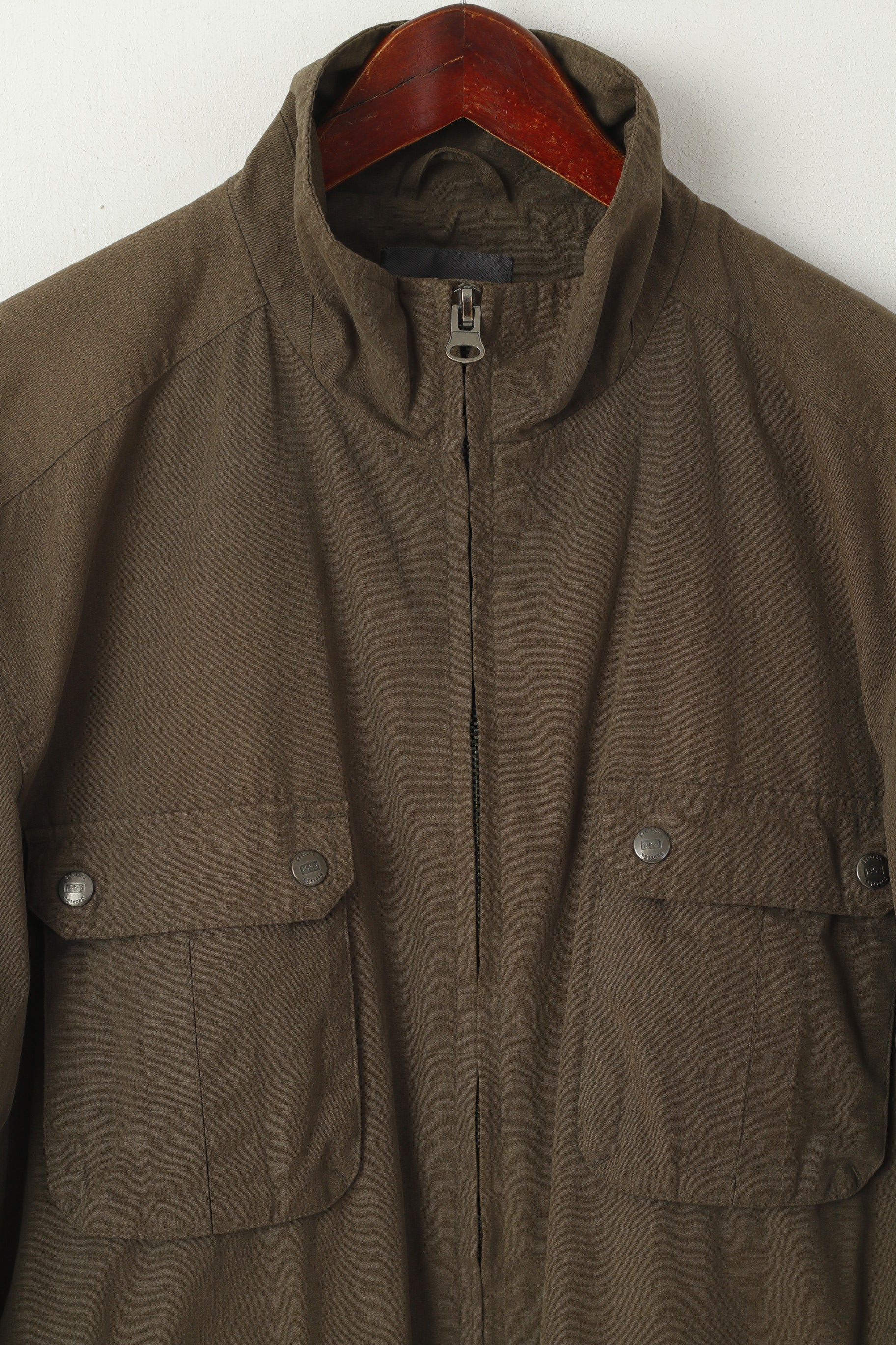 Scott Co. Giacca da uomo L Verde Marrone Cerniera completa Tasche in cotone leggero militare