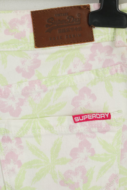 Superdry Women W 29 L 32 Trousers White Neon Floral Standard Skinny Cotton Pants