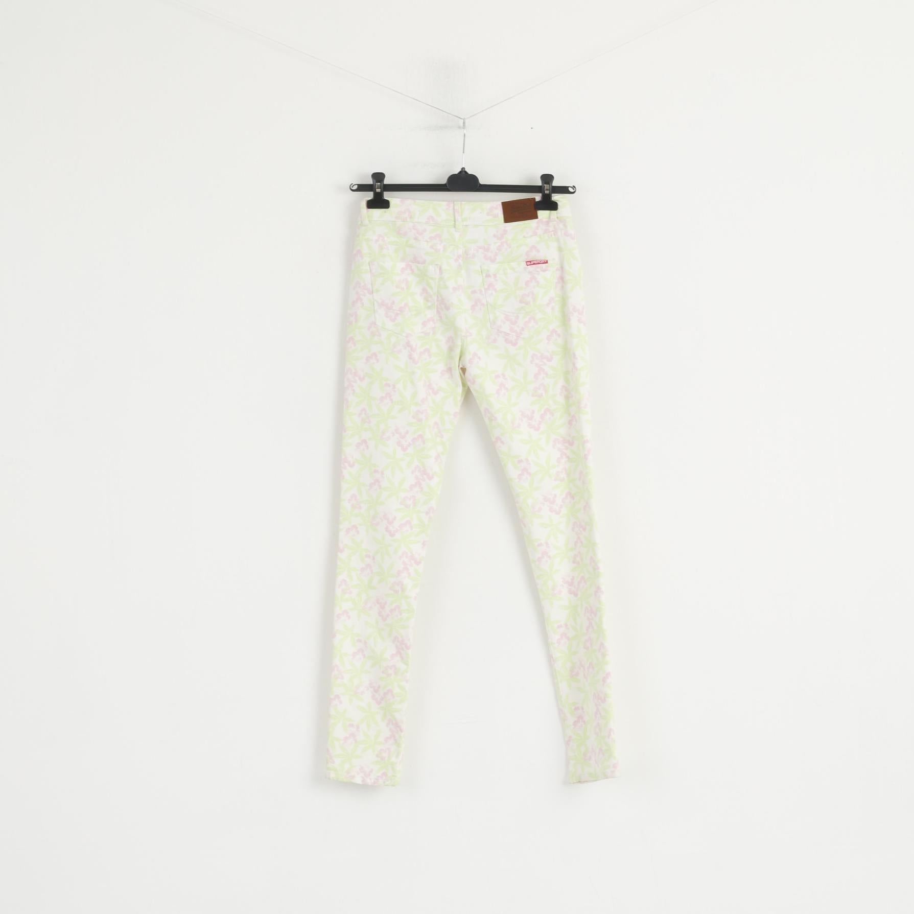Superdry Women W 29 L 32 Trousers White Neon Floral Standard Skinny Cotton Pants
