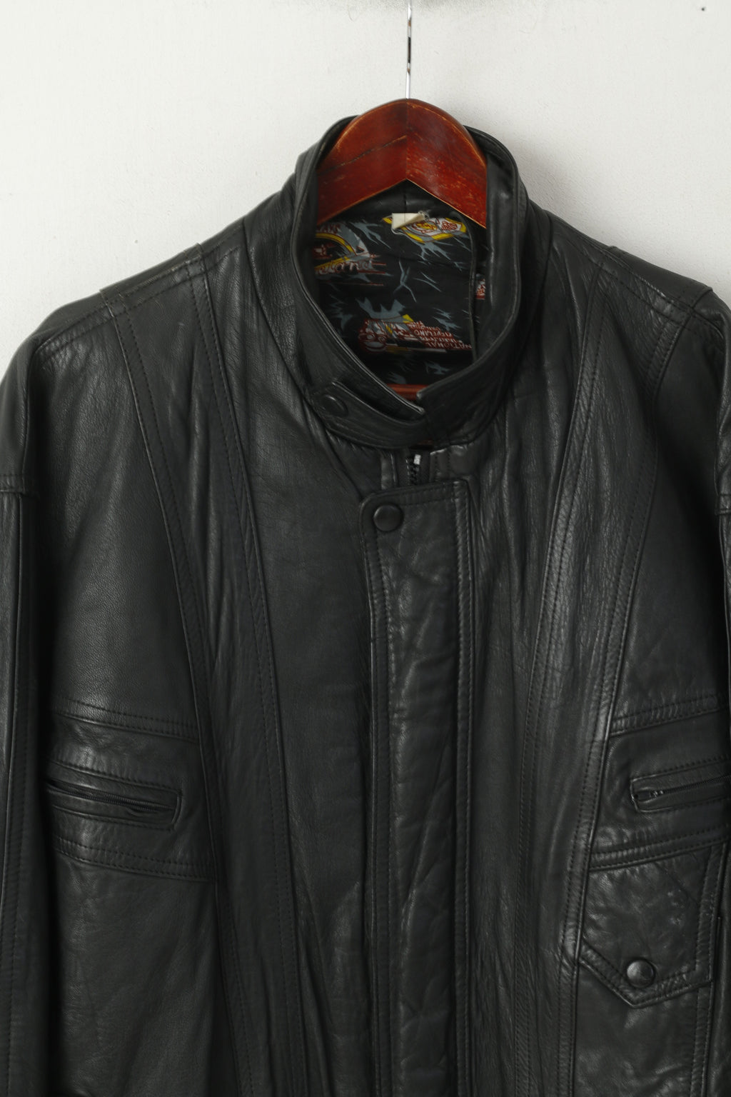 Kuang Huei Men L Jacket Black Leather Airways Airplane Flying Vintage Aero Zip Up Top