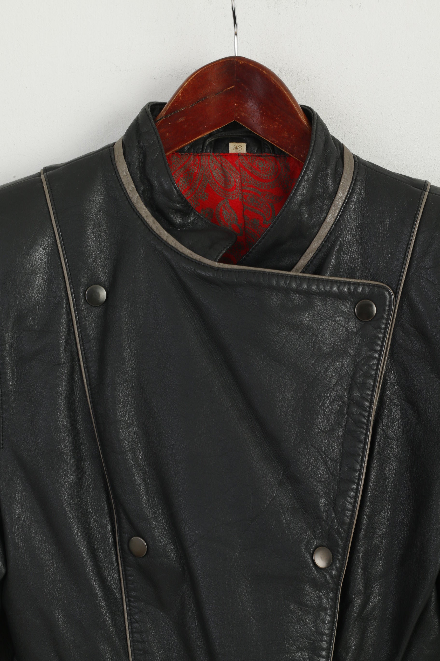 vintage Femmes 38 S Veste En Cuir Noir Biker Ramones Épaulettes Top