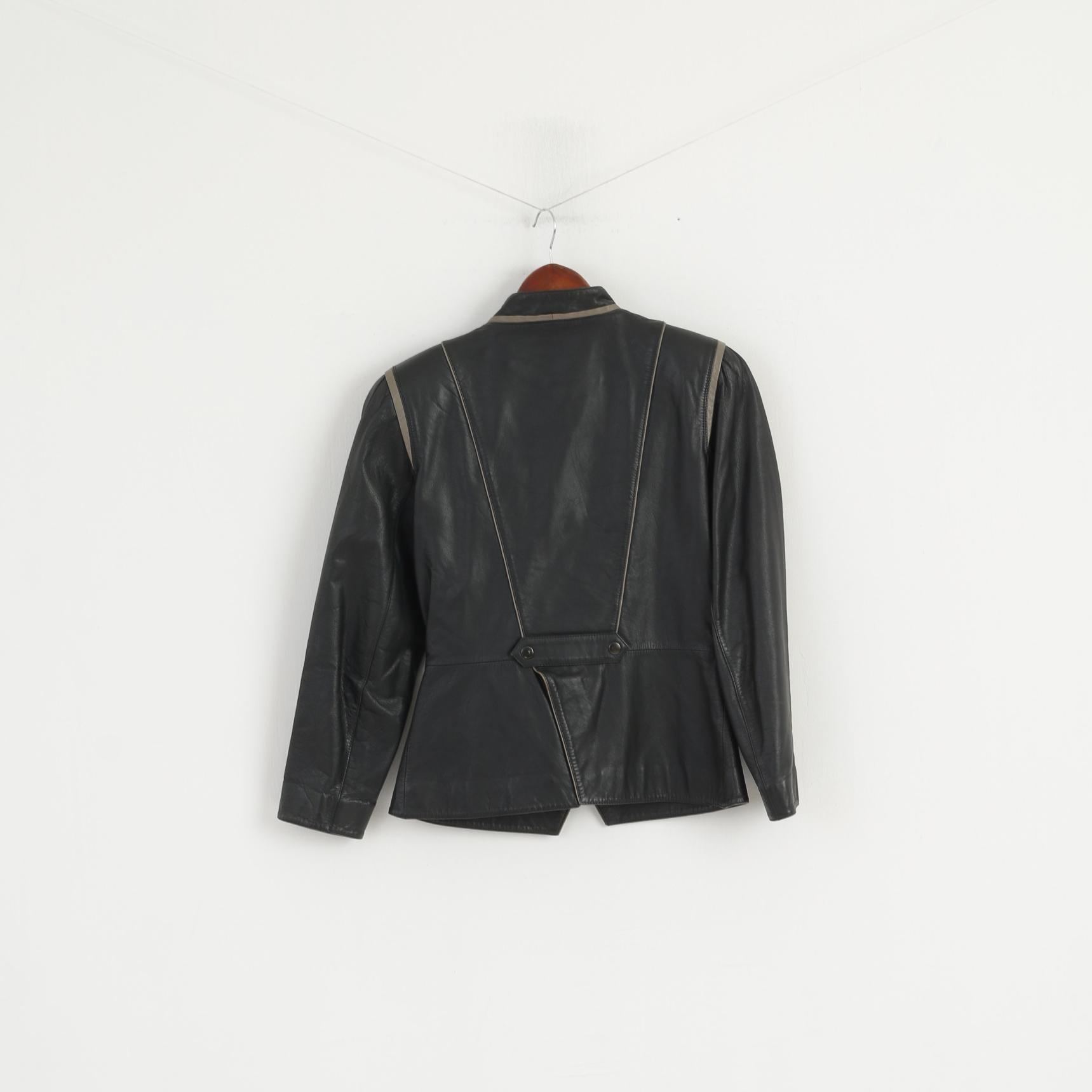 vintage Femmes 38 S Veste En Cuir Noir Biker Ramones Épaulettes Top
