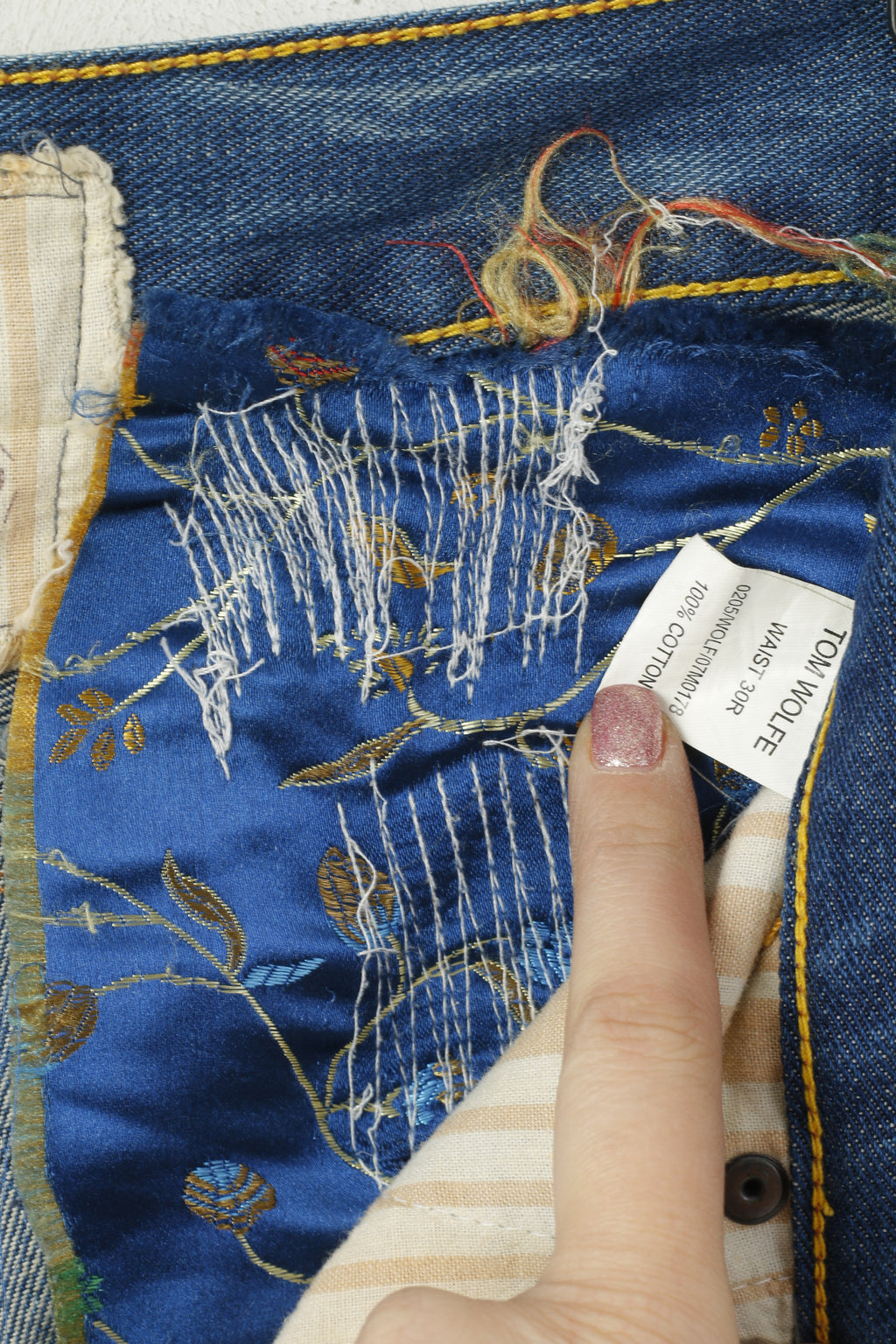 Tom Wolfe Jeans Homme 30 Pantalon Jean Denim Bleu Pantalon Droit En Coton Déchiré