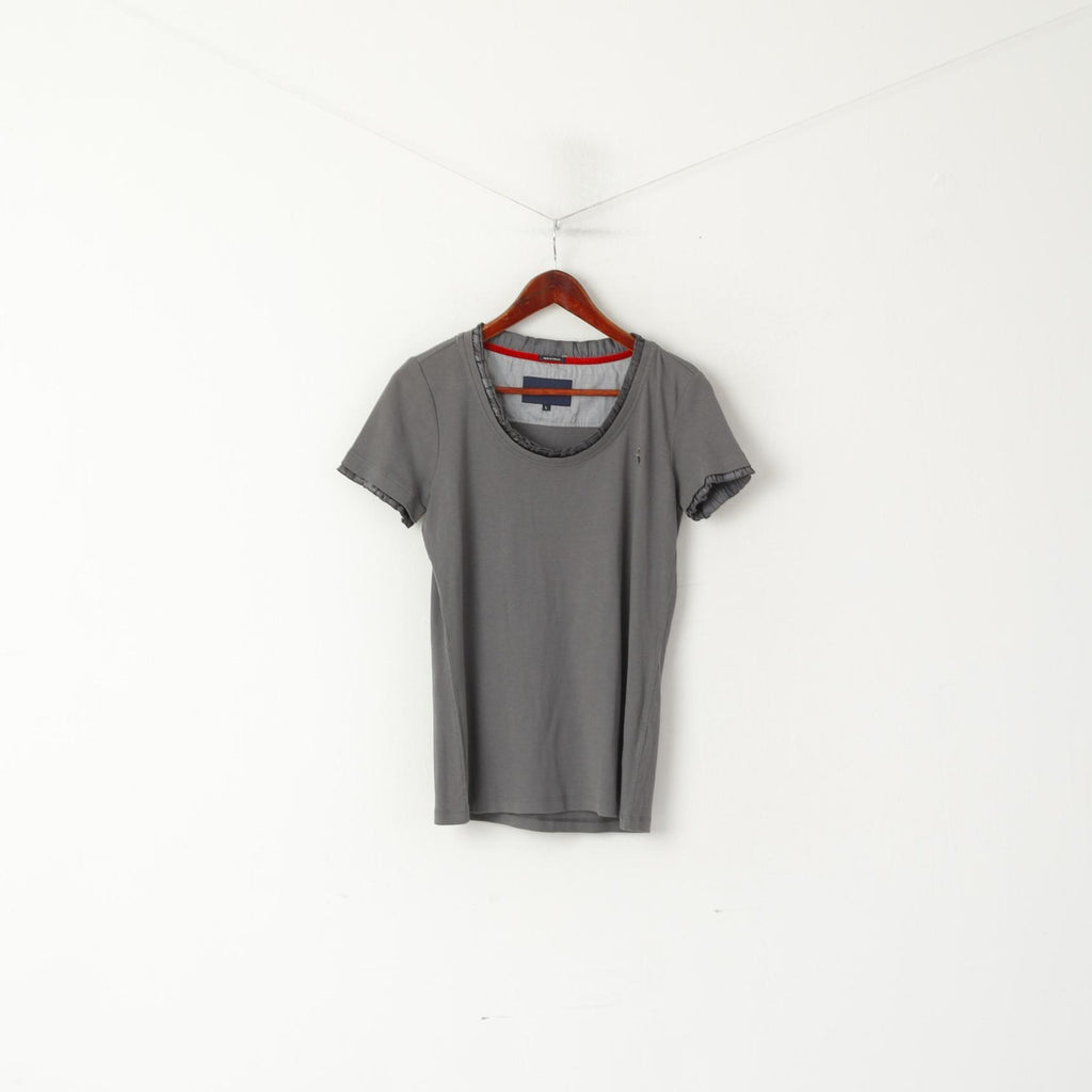 Camicia Ferrari da donna L. Girocollo grigio con volant in cotone, logo classico, tinta unita