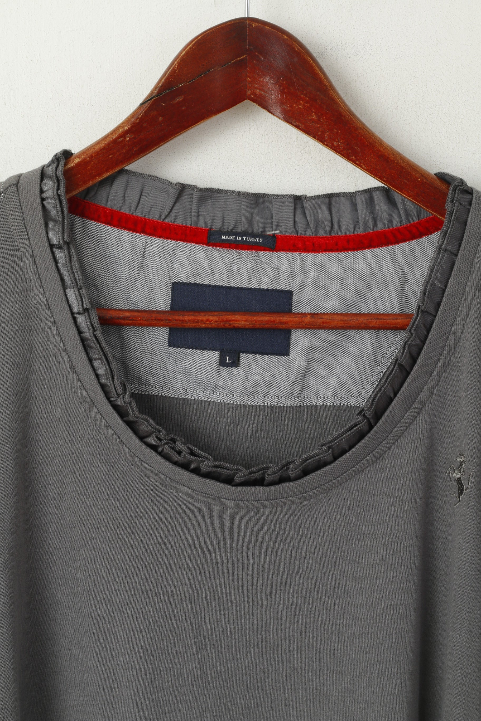 Ferrari Femme L Chemise Gris Col Rond Coton Volants Classique Logo Haut Uni