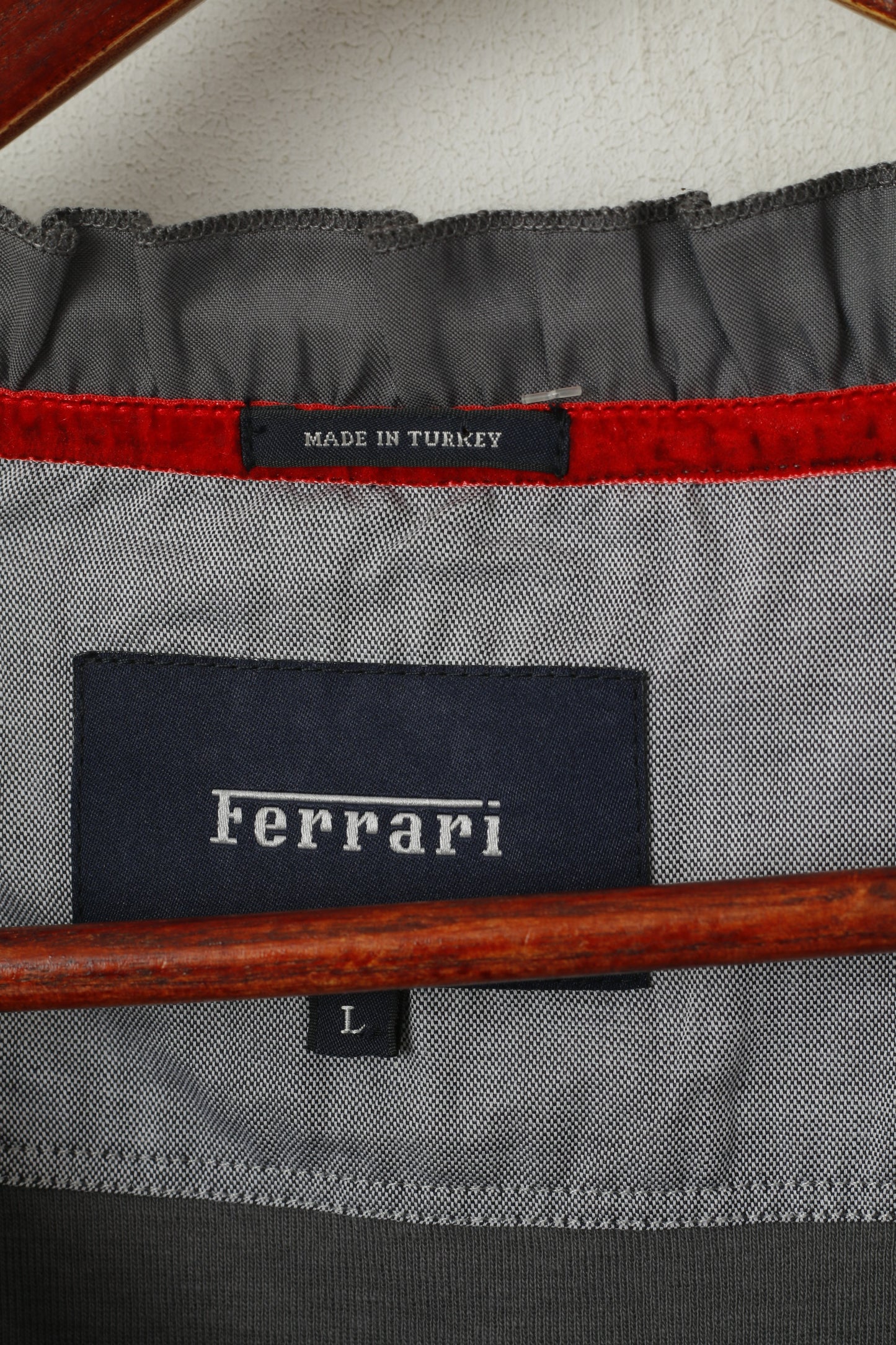 Ferrari Women L Shirt Grey Crew Neck Cotton Frills Classic Logo Plain Top
