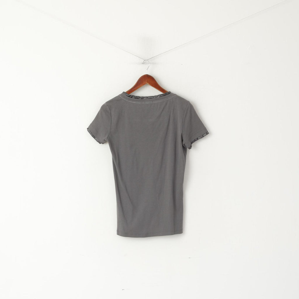 Camicia Ferrari da donna L. Girocollo grigio con volant in cotone, logo classico, tinta unita