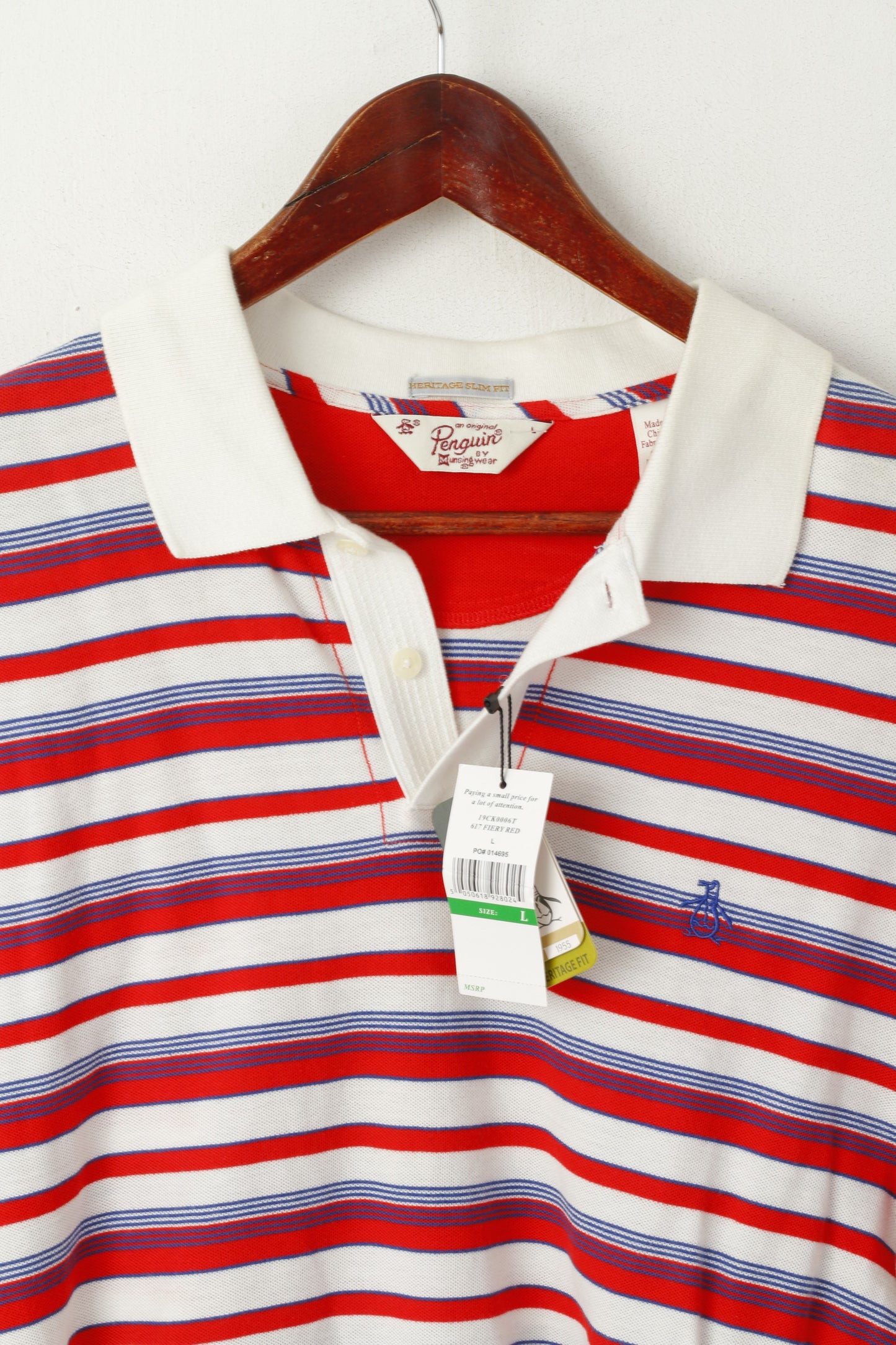 New Penguin Men L Polo Shirt Red Cream Cotton Striped Heritage Slim Fit Top