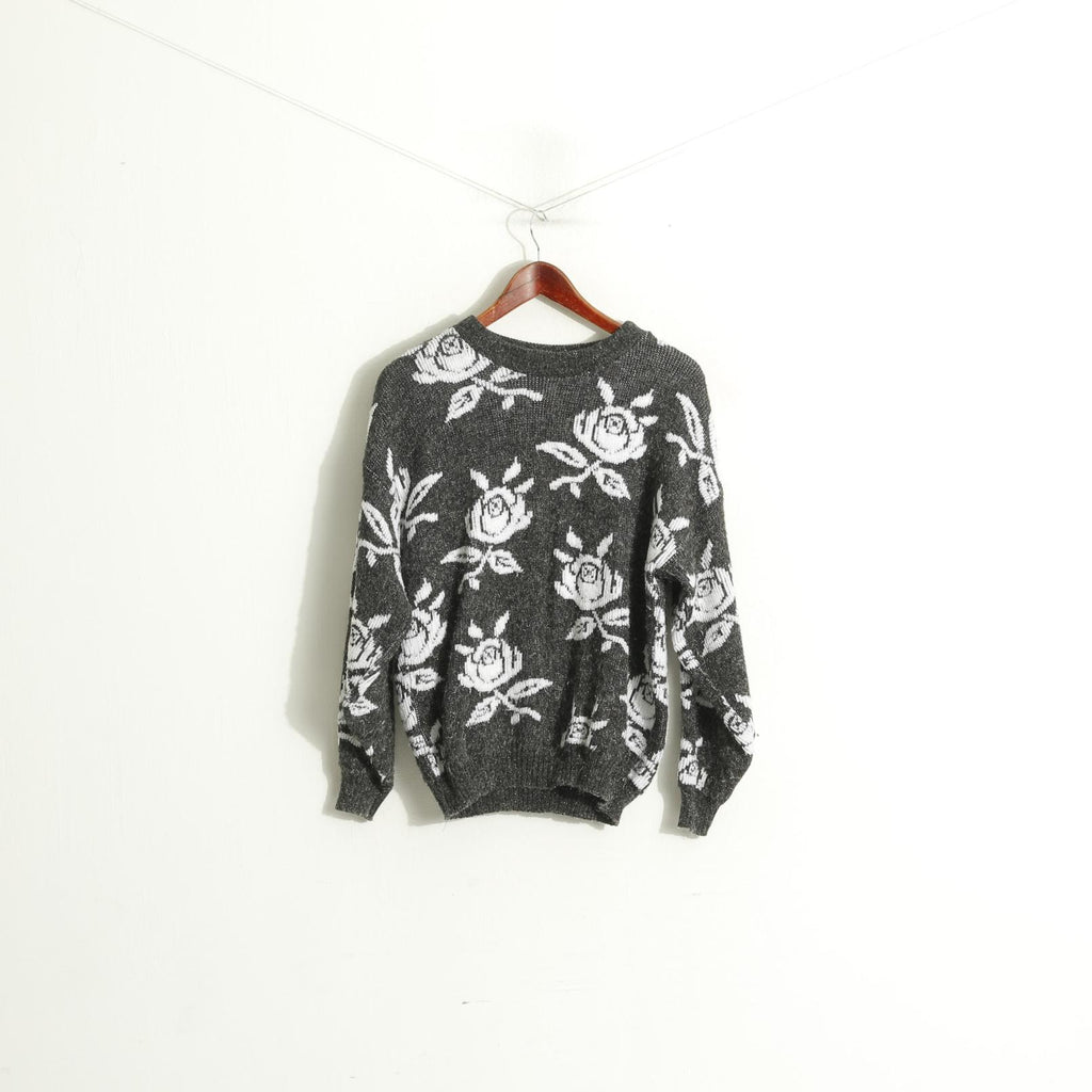 Its Knitwear UK Pull pelucheux à col rond pour femme Gris brillant Blanc Roses