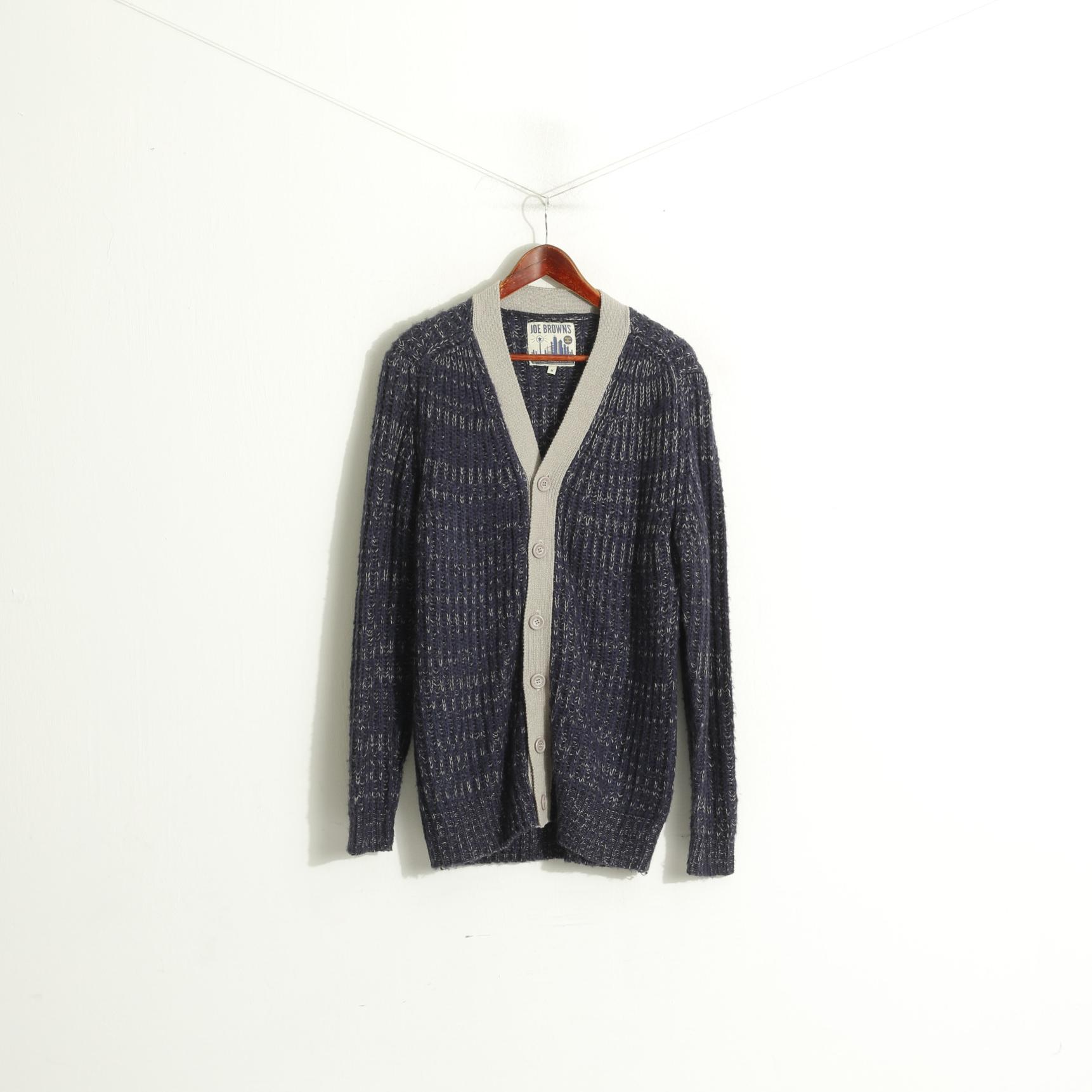 Joe Browns Men M Cardigan Blue Gray Knitted Acrylic Classic V Neck Sweater