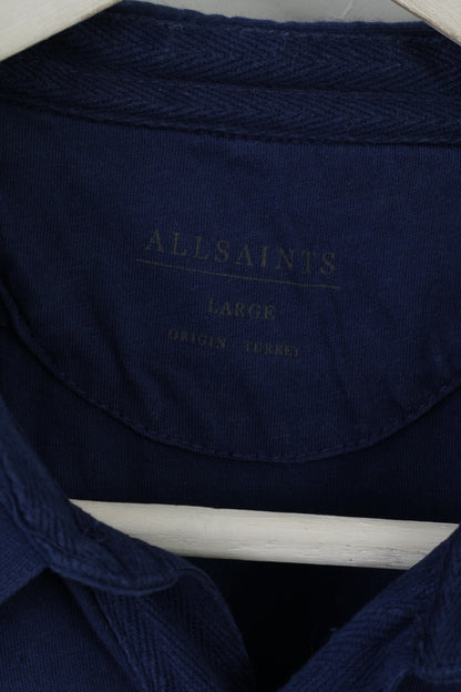AllSaints Mens L Polo Shirt Navy Cotton Bramford SS Polo Slim Top