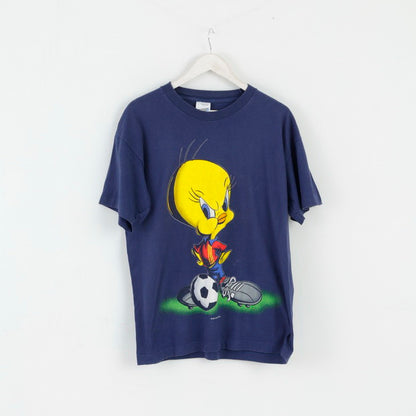 T-shirt da uomo Fruit Of The Loom L in cotone blu scuro con grafica Tweety Warner Bros 1997