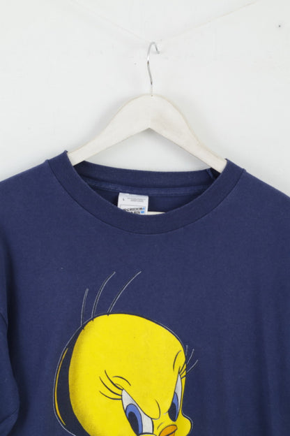 T-shirt da uomo Fruit Of The Loom L in cotone blu scuro con grafica Tweety Warner Bros 1997