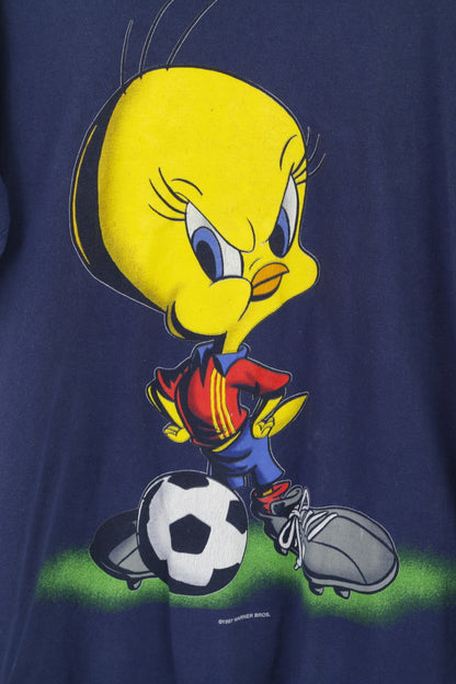 T-shirt da uomo Fruit Of The Loom L in cotone blu scuro con grafica Tweety Warner Bros 1997