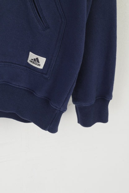Adidas Men L 192 Sweatshirt Navy Vintage Cotton Hooded Kangaroo Pocket Top