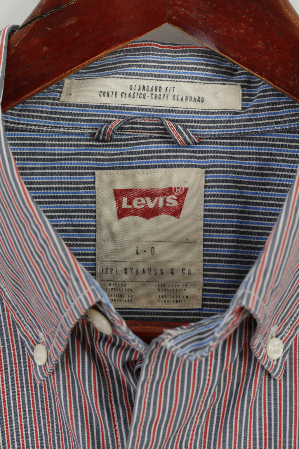 Levi's Mens L Casual Shirt Blue Red Striped Cotton Standard Fit Long Sleeve